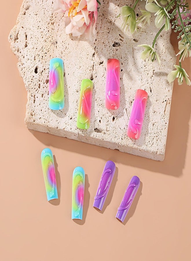 CJDLTS 3D Stereoscopic French Press on Nails - Long Square Coffin Colorful False Full Cover Artificial Acrylic Stick on DIY Glue on for Women - Manicure Kit 24Pcs - Image 2